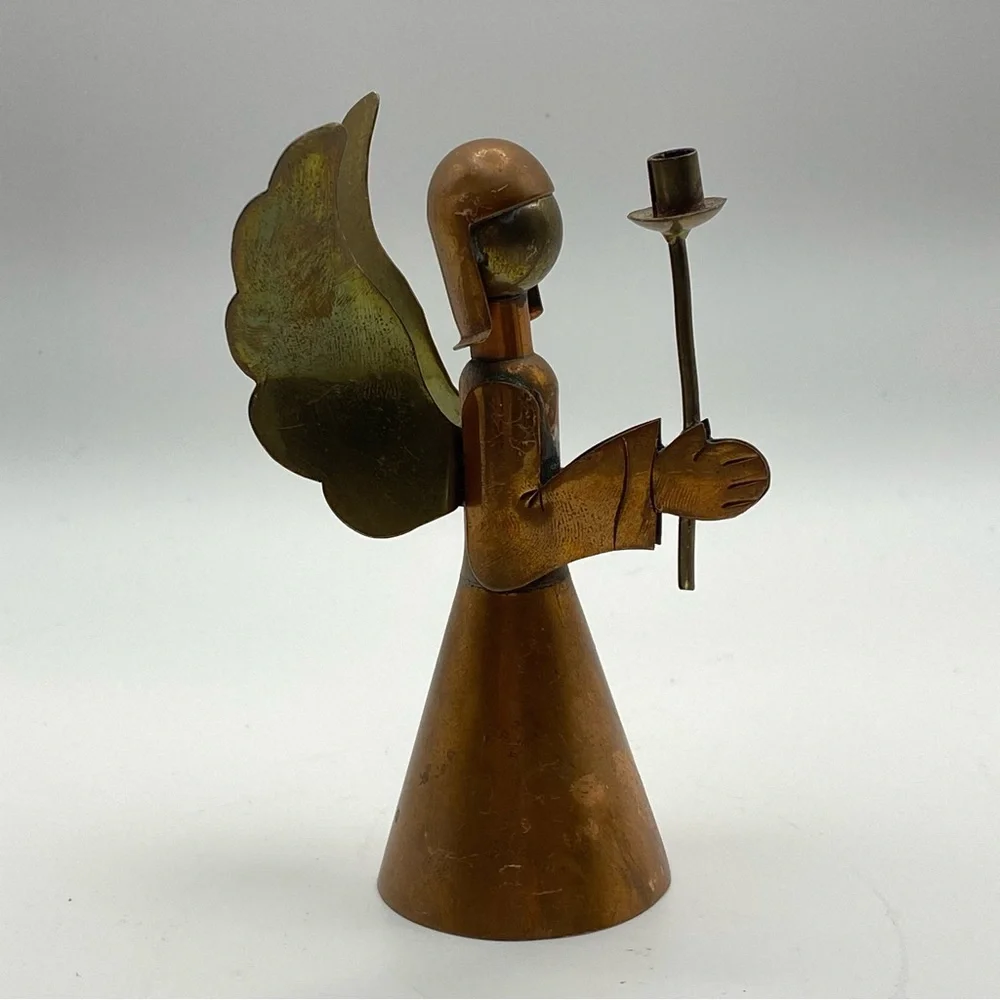 Copper & Brass Angel 4.25” Made in Mexico Stamped MCM Christmas Folk Art Rustic